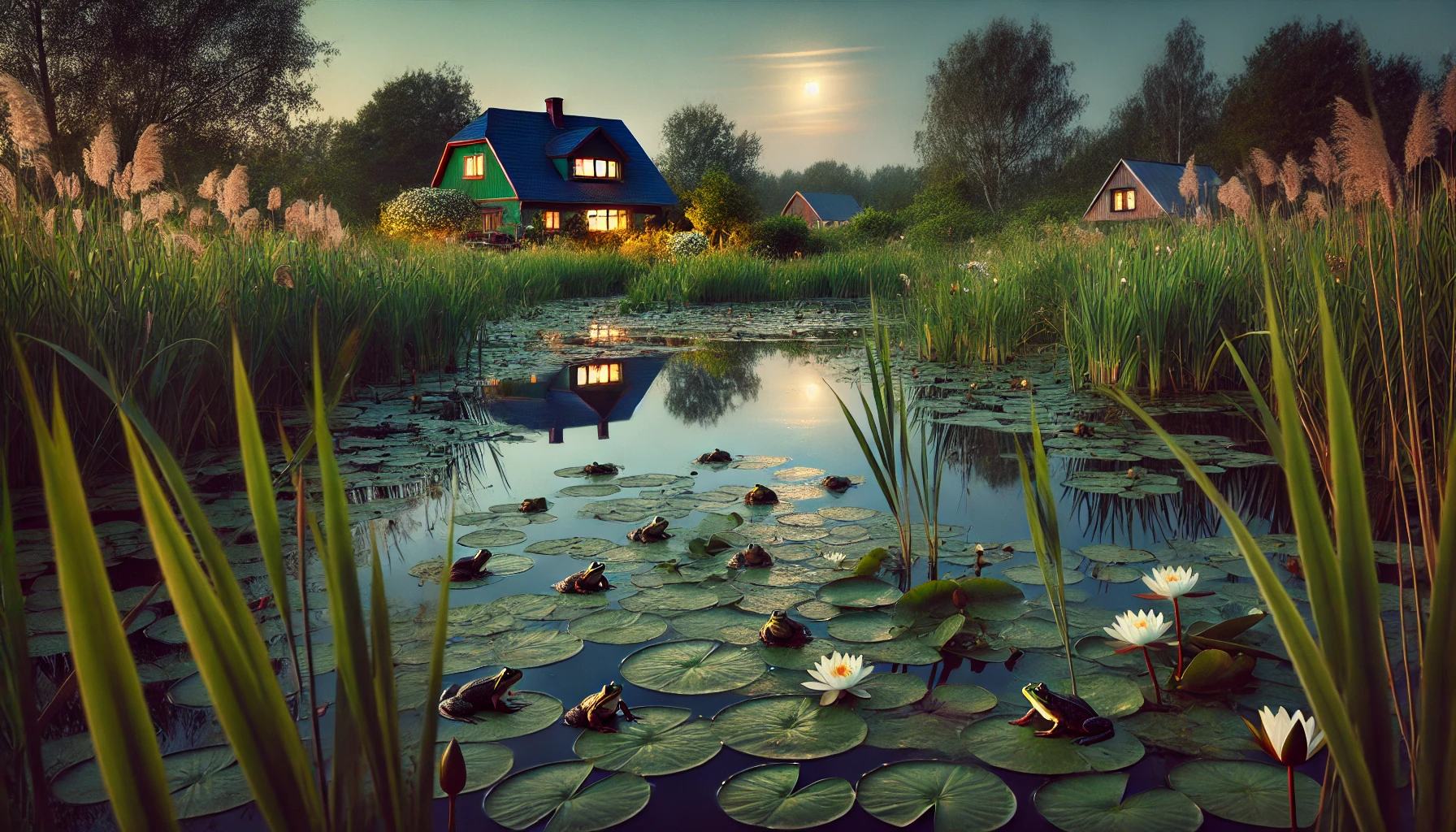 DALLΒ·E 2025 02 09 09.12.58 A peaceful countryside scene at dusk, featuring a serene pond surrounded by reeds and water lilies. A few frogs are visible on floating lily pads, cro