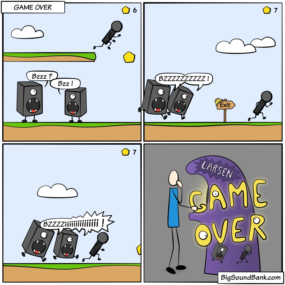 Video game character microphone fleeing hungry speakers before a fatal larsen game over