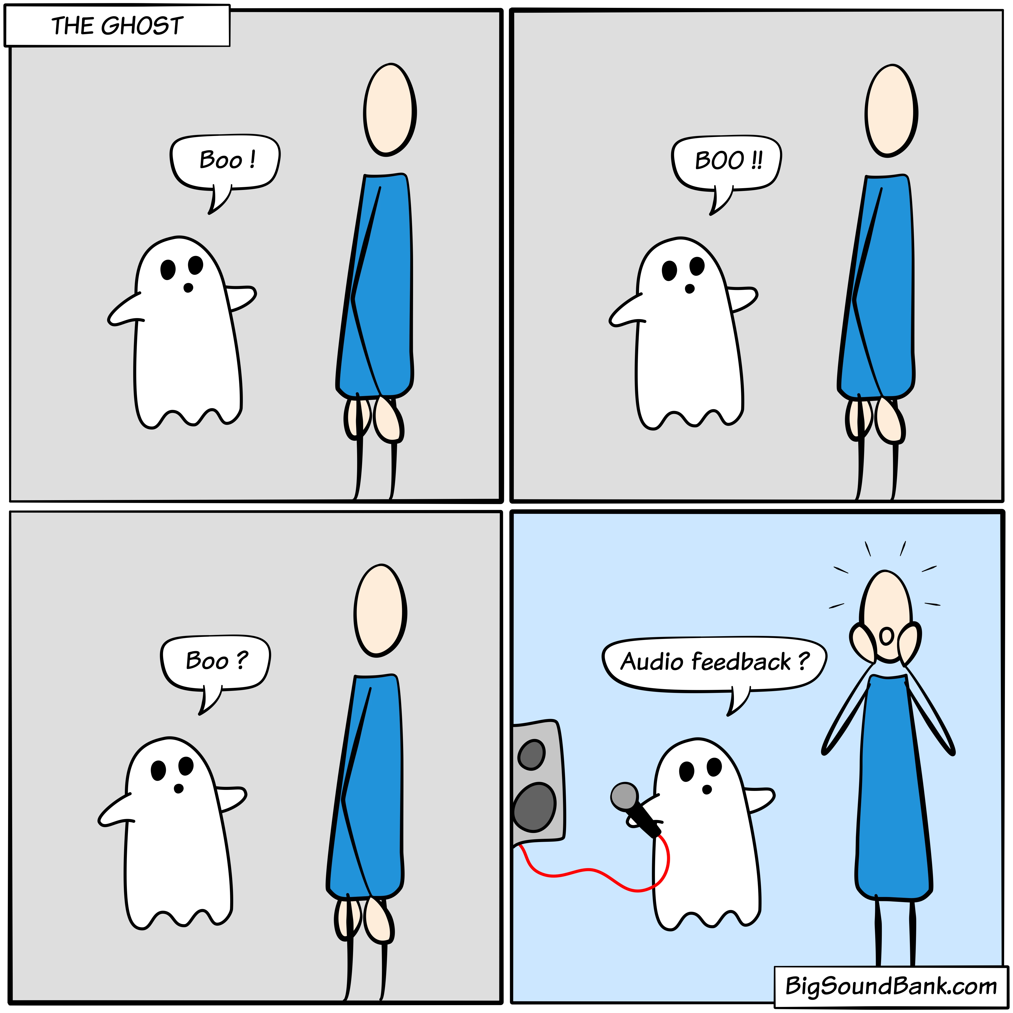 Ghost amplifying its boo through a microphone and speaker to scare with deafening larsen feedback