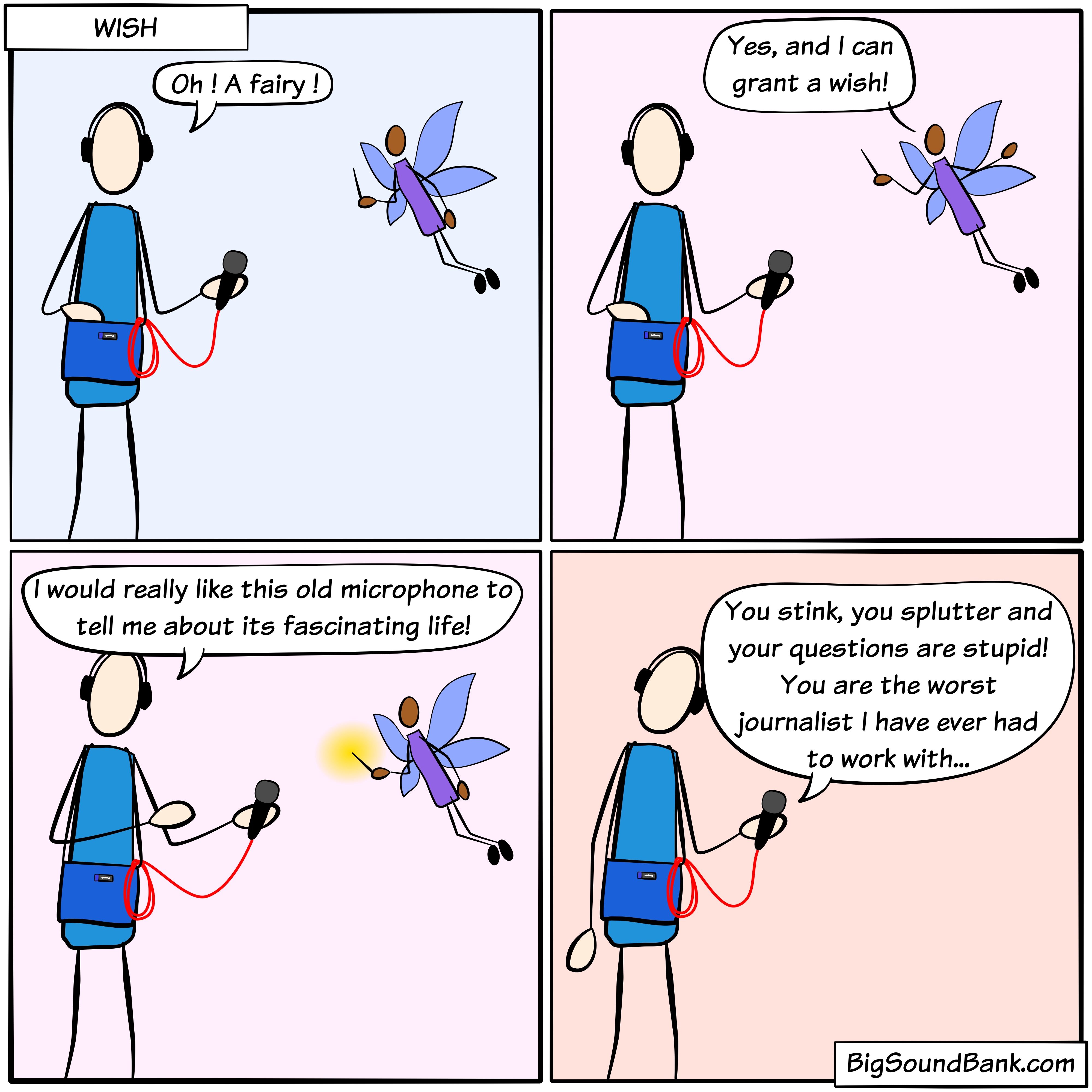 Fairy granting a journalist's wish to interview an old microphone with insulting answers