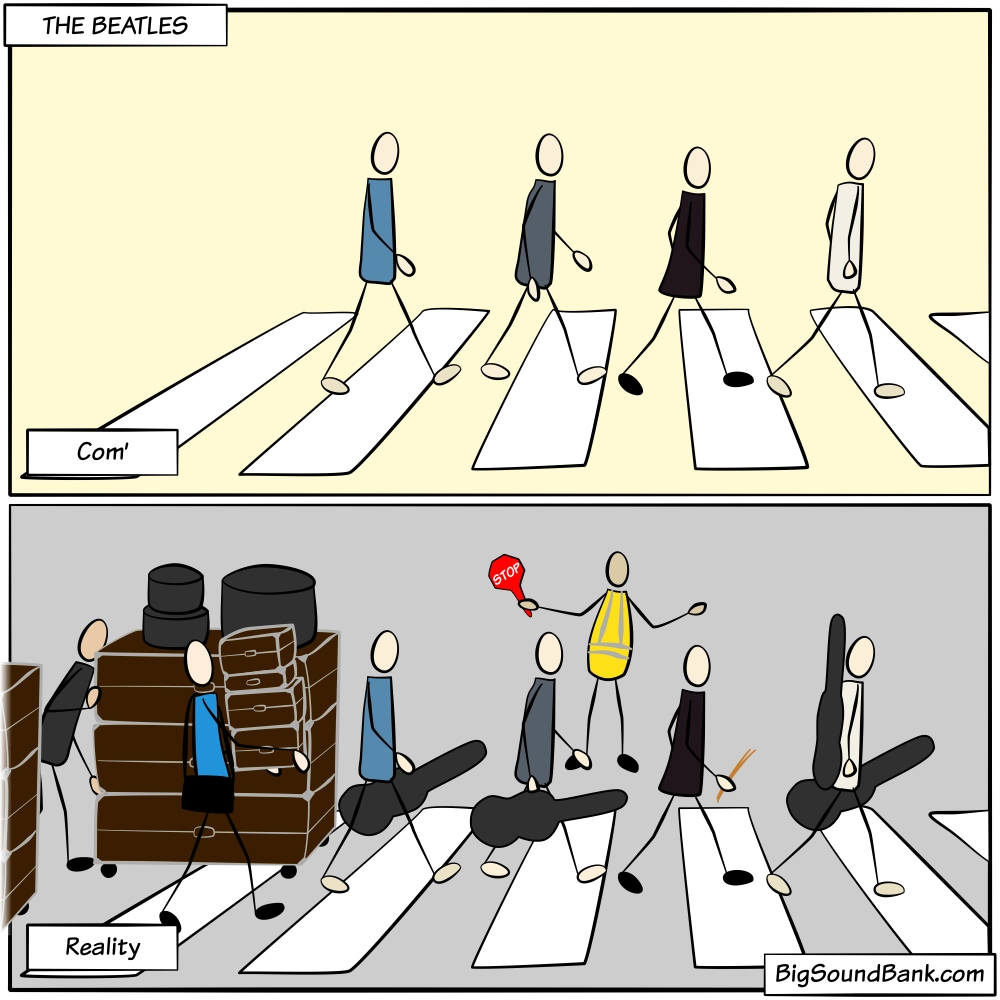 Realistic Abbey Road album cover reconstruction with sound technicians carrying flight cases