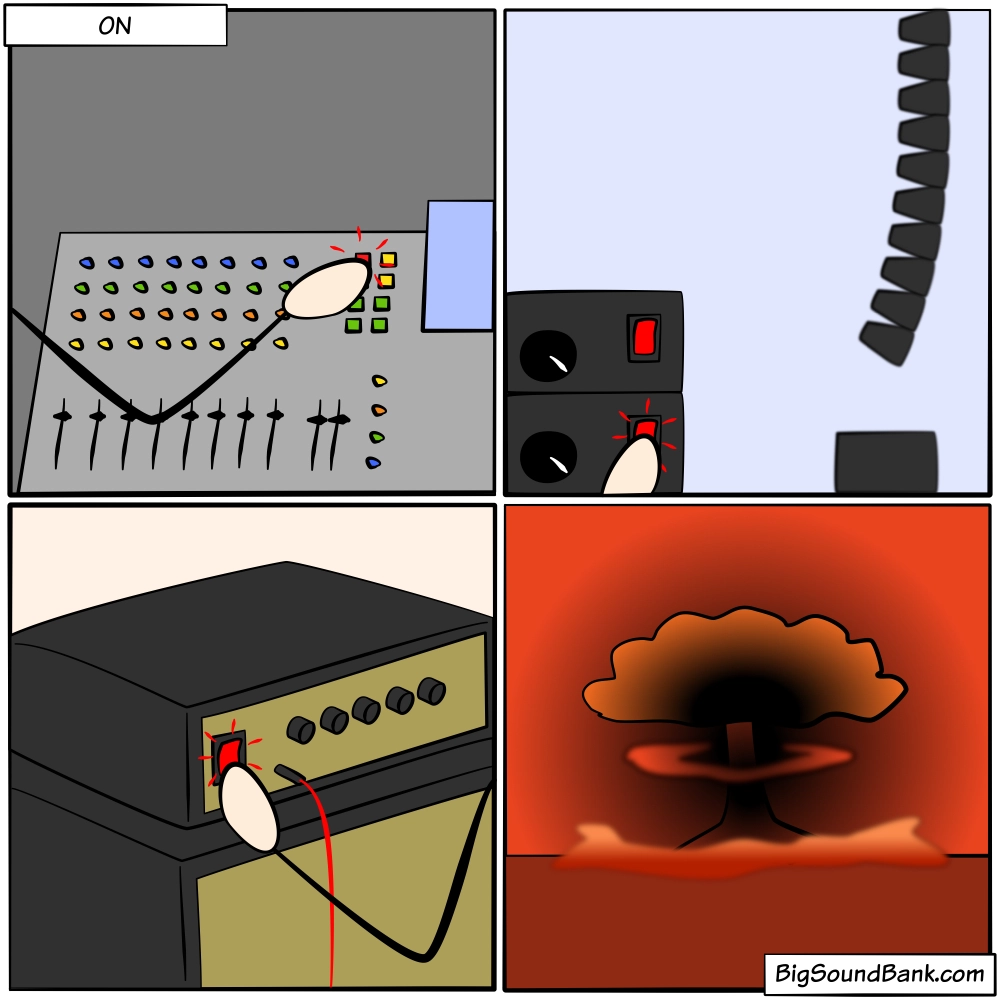 Risks of turning on a console an amplifier and stage monitors without precaution leading to explosion