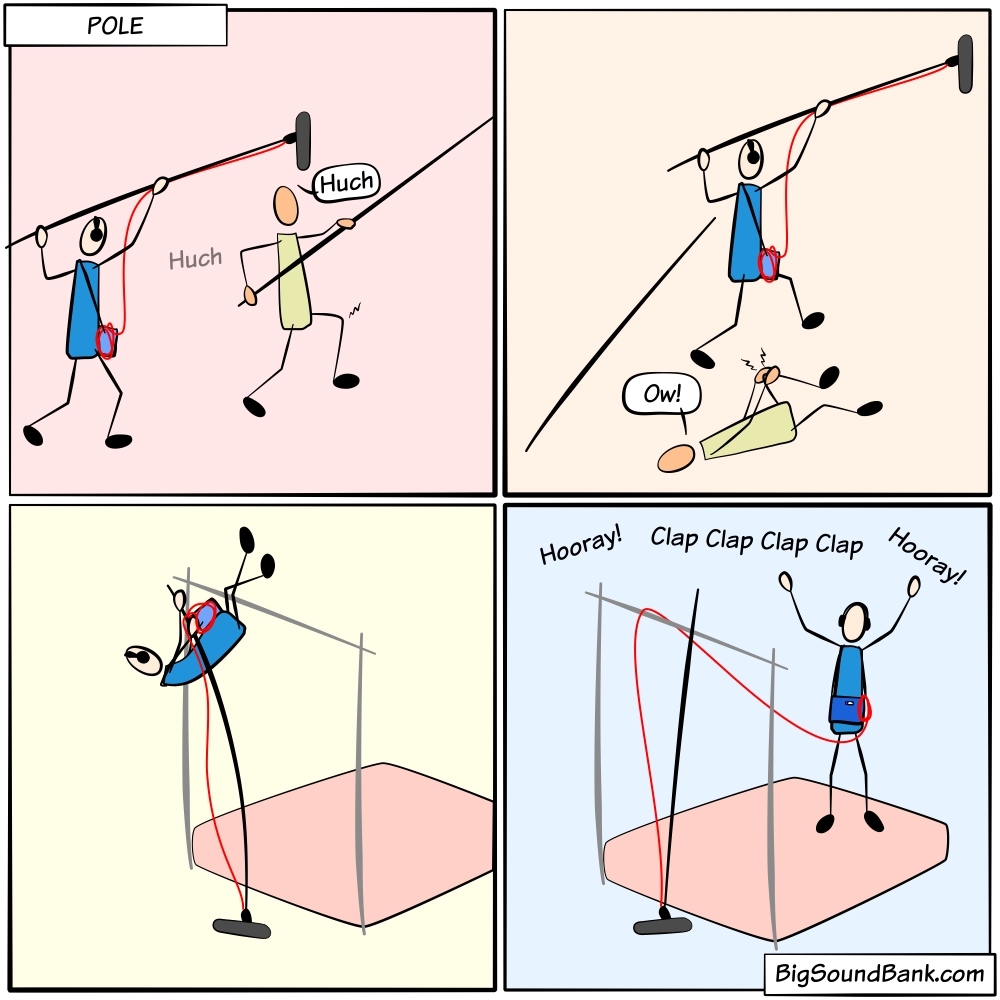 Confusion between sound boom operator and pole vault athlete during a sports performance