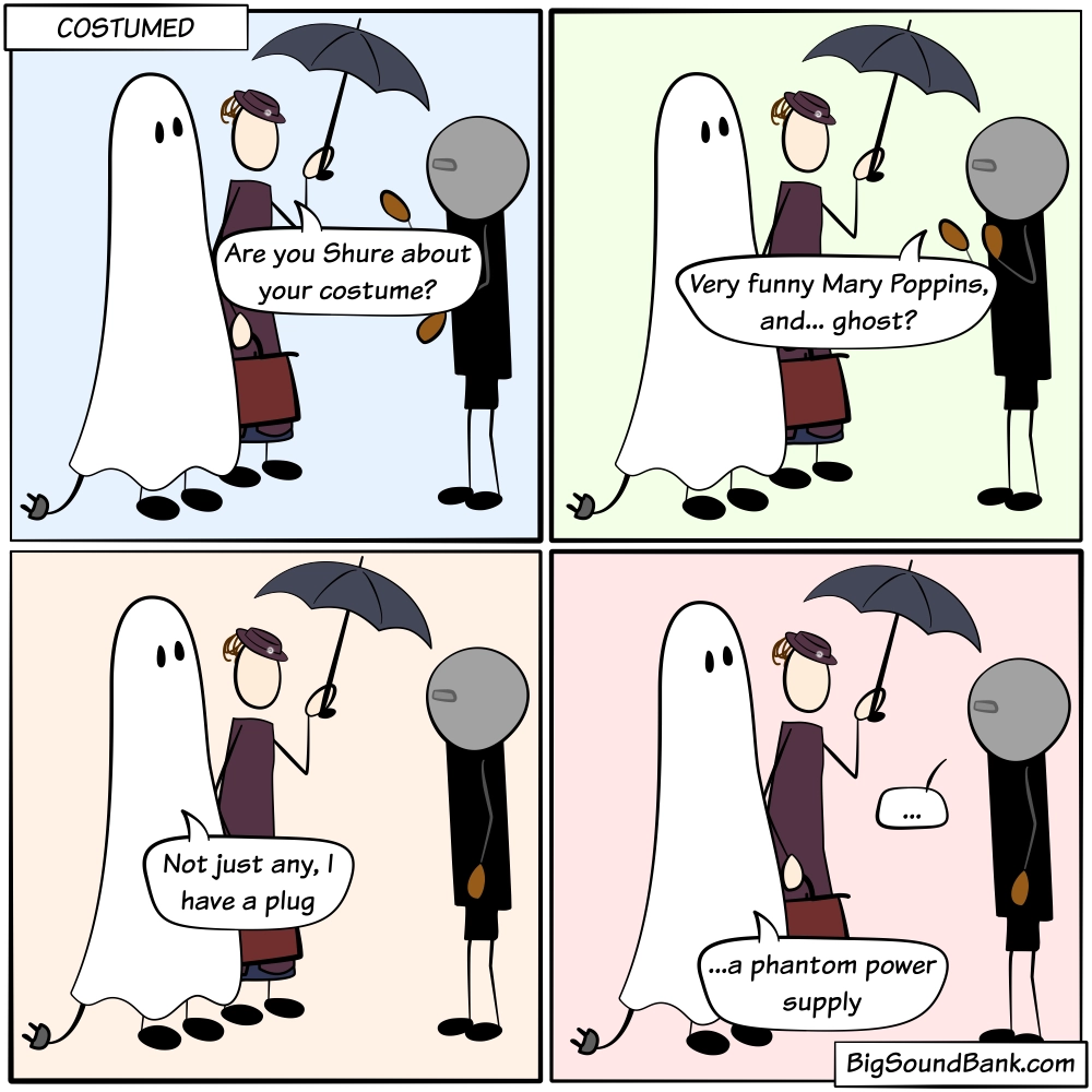 Ghost in halloween costume with a Shure microphone and phantom power audio pun