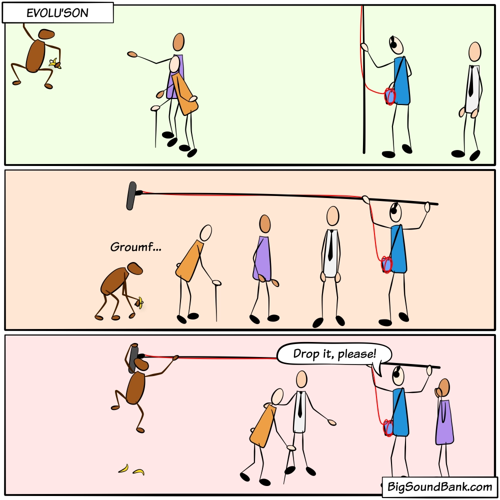 Evolution of humanity from monkey to boom operator and back with the monkey grabbing the microphone
