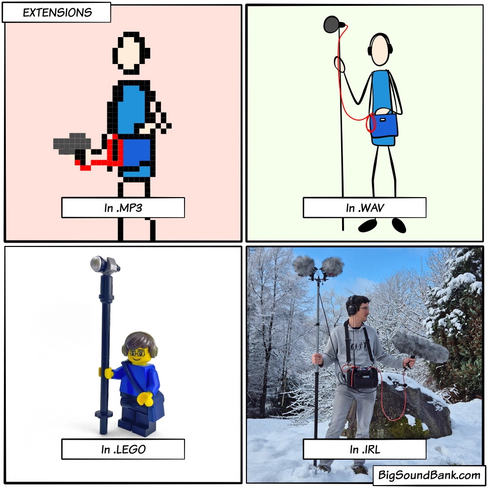 Visual representation of audio file extensions MP3 WAV LEGO and IRL with different sound recordists
