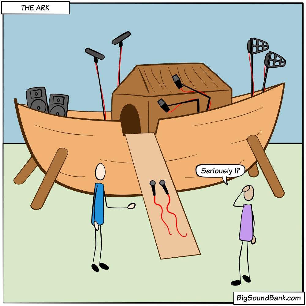 Noah's Ark filled with audio gear by pairs microphones speakers and recorders
