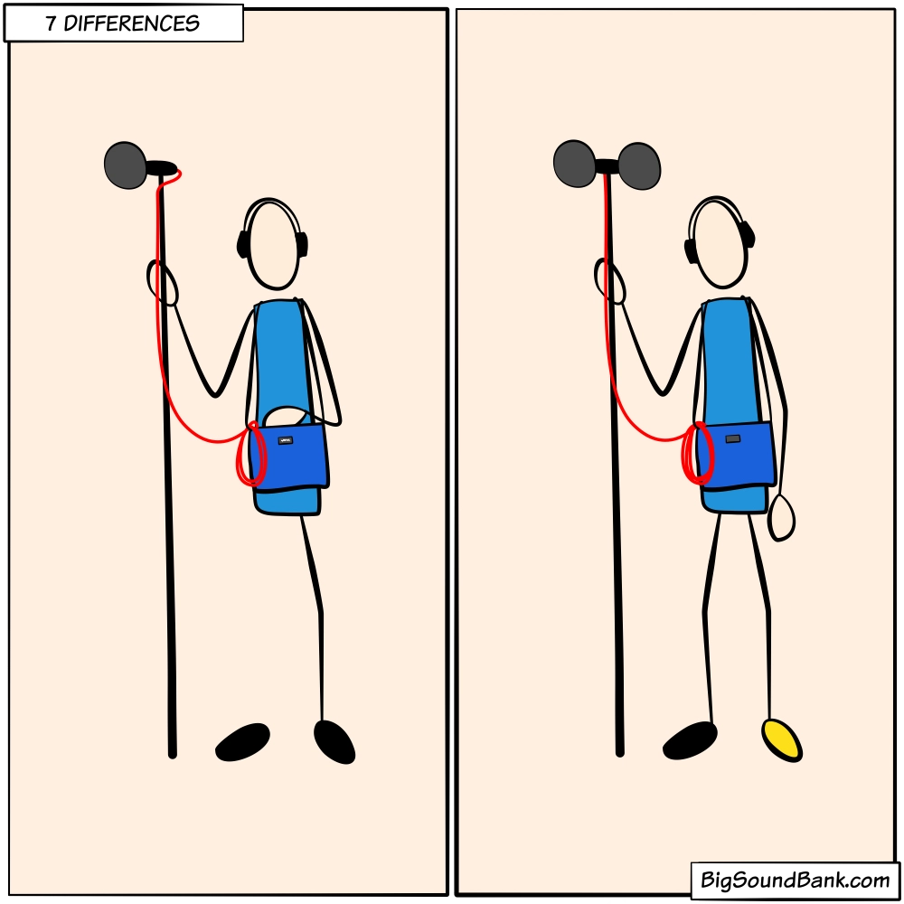 Seven differences puzzle between two sound recordists on equipment and posture