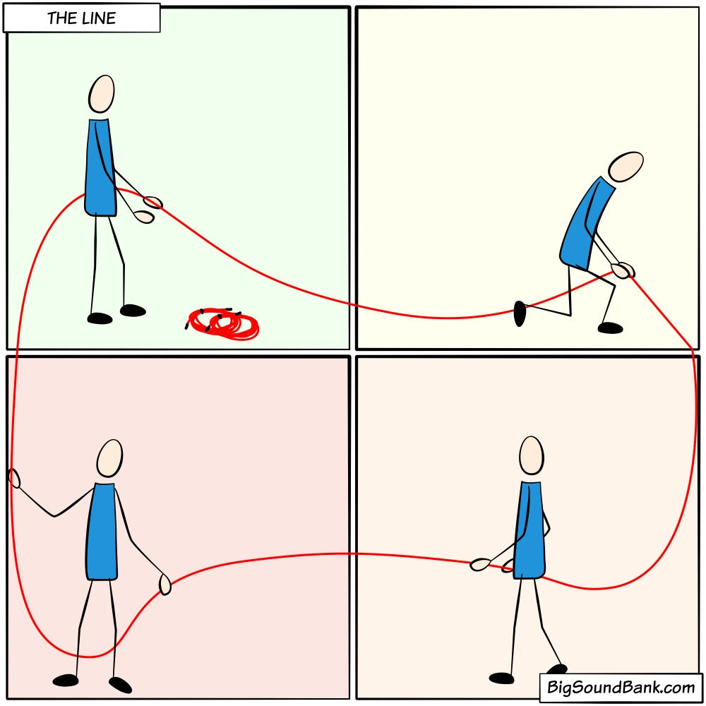Sound recordist following the red audio cable line through every panel of the comic strip